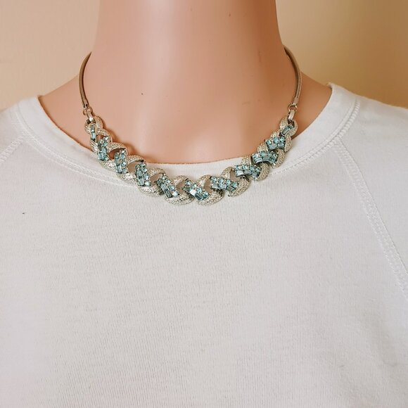 Coro Blue Baguette Collar Necklace 16" Brushed Silver Tone Link Choker - Picture 4 of 8